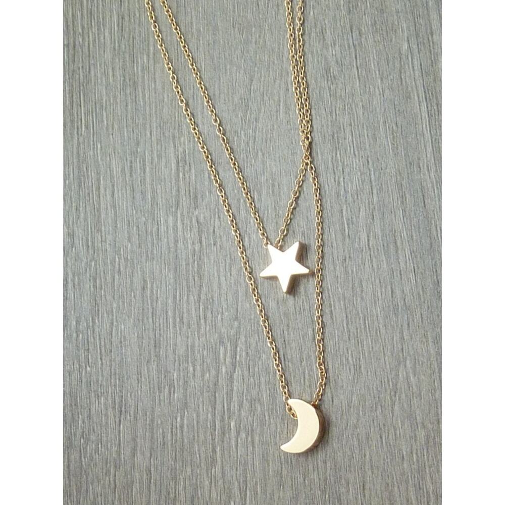 Gold Tone Moon and Stars Necklace Layered Celestial Crescent Minimalist Boho New